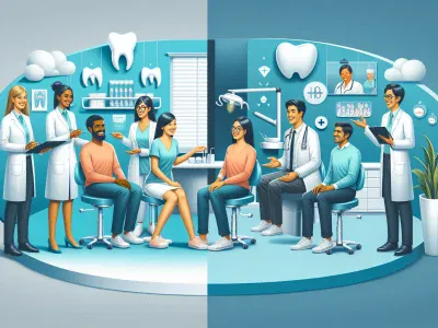 HMO Versus PPO Dental: Understanding Your Options a-split-scene-showing-two-types-of-dental-clinics-with-a-focus-on-choice