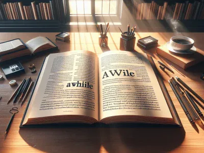 Awhile Versus A While: Breaking Down the Difference open-book-on-a-desk-displaying-word-usage-examples-in-a-warm-library-setting