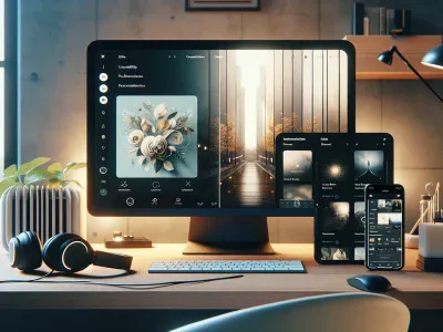 a-desk-featuring-apple-music-and-spotify-interfaces-on-a-dual-screen-setup