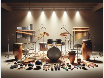 a-drum-kit-surrounded-by-various-percussion-instruments-in-a-studio-setup