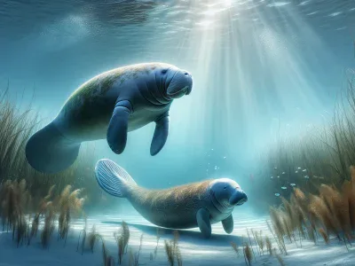 a-manatee-and-a-dugong-swimming-underwater-near-seagrass-meadows