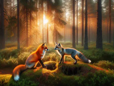 a-red-fox-and-gray-fox-in-a-forest-clearing-at-dawn