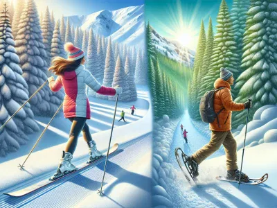 a-skier-on-a-slope-beside-a-snowshoer-in-a-snowy-forest