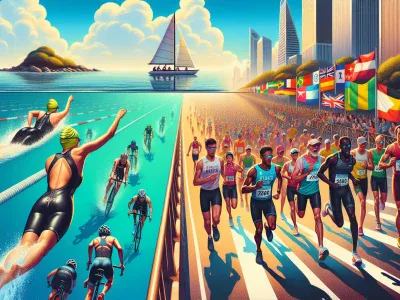 a-triathlon-and-a-marathon-depicted-side-by-side-with-vivid-participants