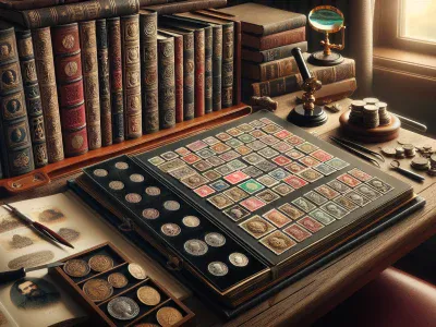 close-up-of-stamp-and-coin-collections-on-a-desk-with-collector-s-tools