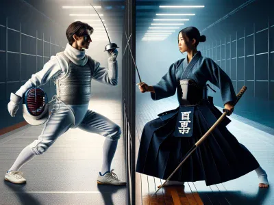 fencer-and-kendoka-demonstrating-their-crafts-in-respective-environments-side-by-side