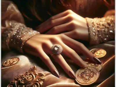 a-hand-holding-a-gold-coin-and-wearing-a-diamond-ring-on-velvet