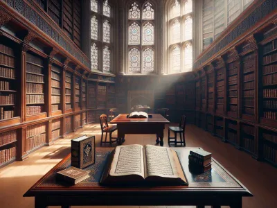 a-library-table-with-an-open-manuscript-bible-and-quran-under-soft-light