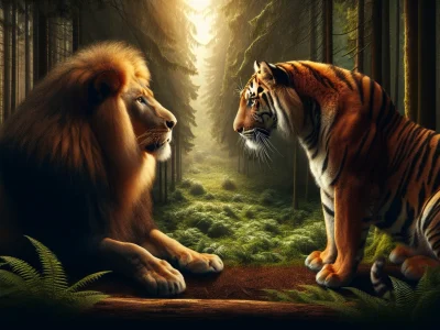 a-lion-and-tiger-standing-in-a-forest-clearing-facing-each-other