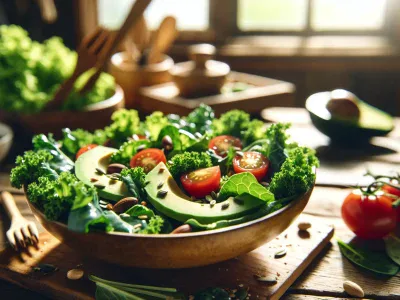 a-salad-featuring-fresh-kale-and-spinach-leaves-with-other-vegetables-on-a-wooden-table
