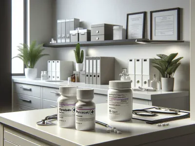 two-medicine-bottles-labeled-oxycodone-and-percocet-on-a-clinic-countertop