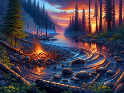 What Is Stronger: Fire Or Water a-campfire-glowing-next-to-a-flowing-river-at-sunset