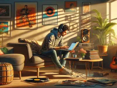 a-man-selecting-music-on-his-laptop-in-a-cozy-living-room