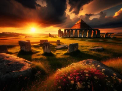 a-pyramid-and-stonehenge-like-stones-at-sunset-in-a-historical-landscape