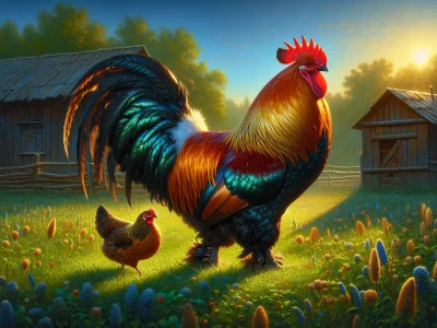 a-rooster-crowing-beside-a-hen-in-a-sunny-farmyard