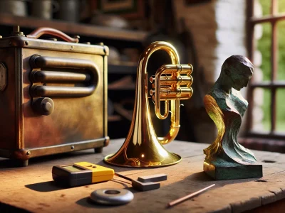a-shiny-brass-instrument-and-a-bronze-sculpture-on-a-wooden-workbench