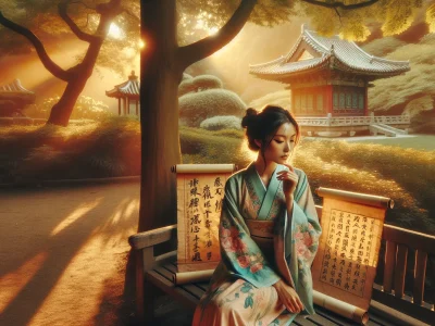 a-woman-in-a-kimono-sits-on-a-bench-with-ancient-scrolls-in-a-park