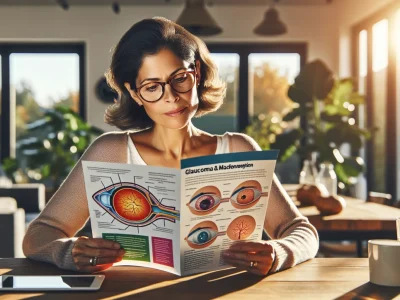a-woman-reading-about-glaucoma-and-macular-degeneration-at-a-table