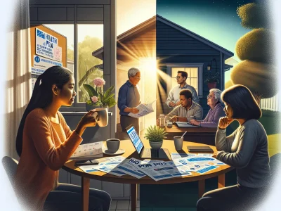 What Is Better: HMO or PPO a-woman-researching-health-insurance-options-at-home-split-with-a-diverse-group-outside-a-healthcar