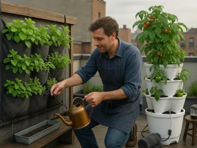 Vertical Fabric Pockets vs. Plastic Systems a-cafe-owner-tending-a-fabric-pocket-wall-beside-a-plastic-modular-tower-garden