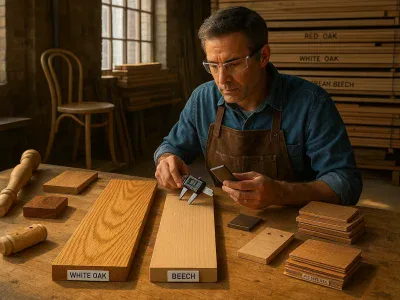 a-craftsman-compares-white-oak-and-beech-lumber-samples-on-a-sunlit-workbench