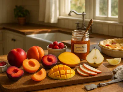 Best Alternative to Peaches a-cutting-board-of-nectarines-apricots-plums-mango-pears-and-apples-in-a-sunlit-kitchen