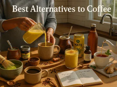 a-kitchen-counter-display-of-matcha-yerba-mate-chicory-coffee-golden-milk-and-kombucha