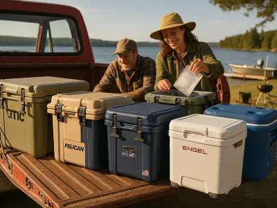 a-lineup-of-rugged-coolers-on-a-pickup-tailgate-at-a-lakeside-campsite