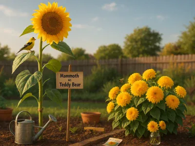 a-towering-mammoth-sunflower-beside-a-bushy-teddy-bear-sunflower-patch-in-late-afternoon-light