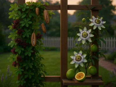 Akebia Vs. Passiflora a-trellis-showing-akebia-foliage-and-pods-beside-blooming-passiflora-with-passionfruit