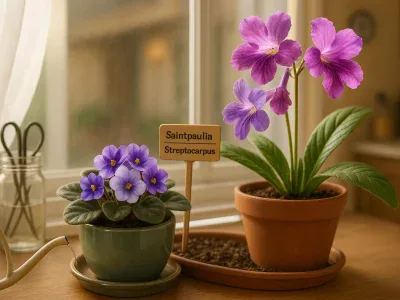 african-violet-rosette-beside-a-streptocarpus-with-tall-trumpet-flowers-on-a-windowsill