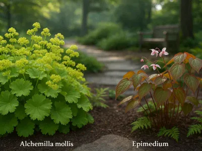 alchemilla-mollis-mound-beside-epimedium-clump-in-a-shady-garden