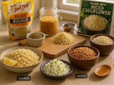 assorted-rice-substitutes-quinoa-cauliflower-rice-farro-barley-bulgur-lentils-couscous-on-coun