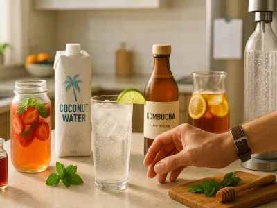 assortment-of-sparkling-water-iced-tea-kombucha-and-fruit-infused-drinks-on-counter