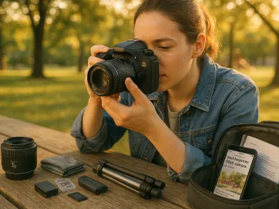beginner-photographer-holding-a-dslr-at-a-sunlit-park-table-with-lenses-and-accessories