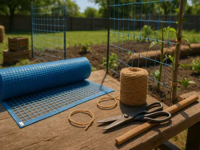blue-plastic-mesh-roll-beside-a-spool-of-natural-jute-twine-on-a-garden-bench