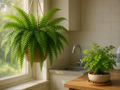 Boston Fern Vs. Maidenhair Fern boston-fern-in-a-hanging-basket-beside-a-delicate-maidenhair-fern-on-a-shelf