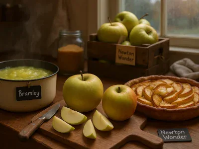 bramley-applesauce-beside-a-newton-wonder-apple-tart-on-a-wooden-board