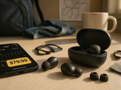 budget-true-wireless-earbuds-and-charging-case-with-smartphone-showing-under-100-listing