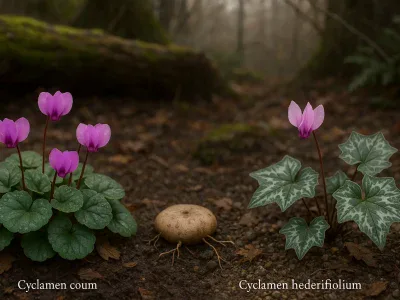 Cyclamen Coum vs. Cyclamen Hederifolium close-up-comparison-of-cyclamen-coum-and-cyclamen-hederifolium-in-a-shady-garden