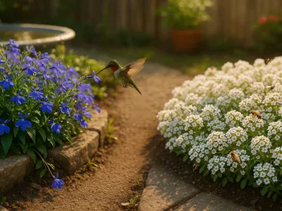 close-up-of-blue-lobelia-beside-white-alyssum-with-a-hummingbird-and-bee