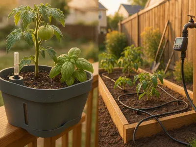 close-up-self-watering-pot-and-nearby-raised-bed-with-drip-irrigation-emitters