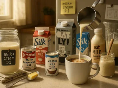 coffee-being-poured-with-various-half-and-half-substitutes-on-counter