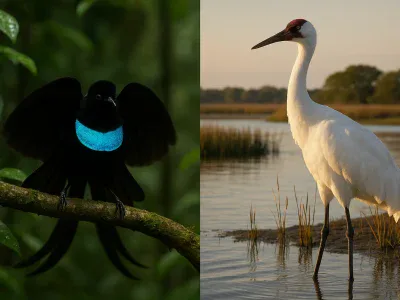 colorful-superb-bird-of-paradise-beside-a-tall-white-whooping-crane-in-marsh