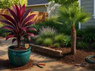 cordyline-red-sister-in-a-pot-beside-a-young-trachycarpus-windmill-palm-in-garden
