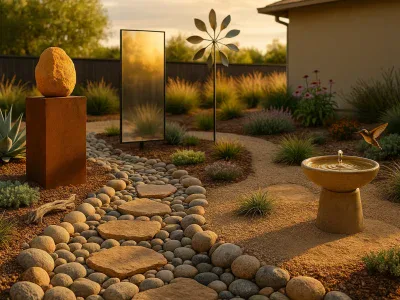 Best Alternative to a Water Feature dry-riverbed-garden-with-sculptural-steel-reflective-panel-and-native-drought-plants