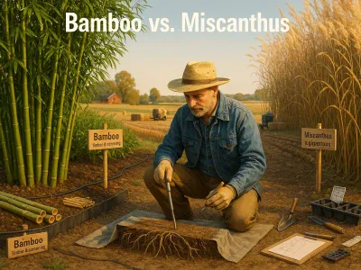 farmer-comparing-bamboo-clump-and-tall-miscanthus-field-on-a-u-s-farm-at-dusk
