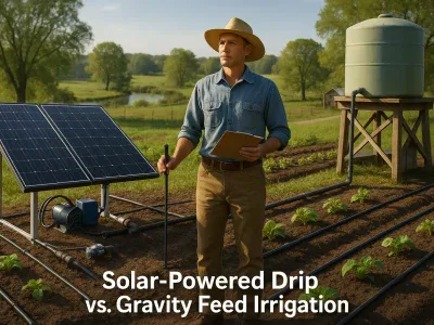 farmer-comparing-solar-powered-drip-system-and-elevated-gravity-feed-water-tank-on-farmland