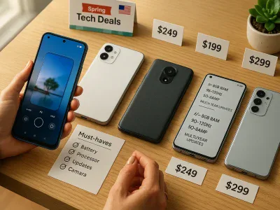 four-budget-android-phones-on-a-table-with-price-tags-and-a-shopper-comparing-them