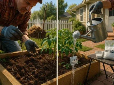 Organic Fertilizers vs. Synthetic: Which Is Best For Your Garden? gardener-applying-compost-to-roots-while-pouring-water-soluble-fertilizer-on-tomato-plants